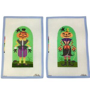 Shelly Tribbey Set of 2 Hand Painted Needlepoint Canvas Mr. & Mrs. Pumpkinhead